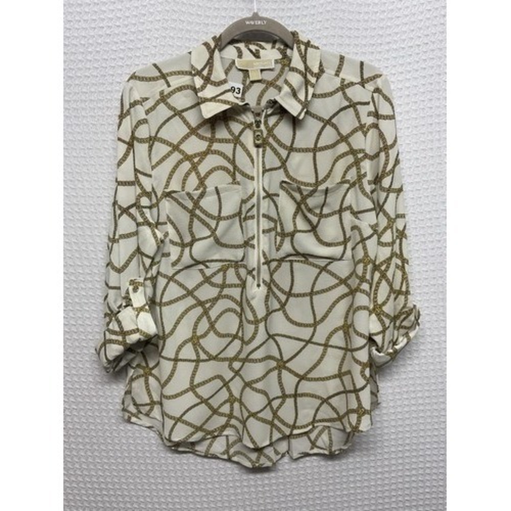 NWOT Michael Kors Bone Chain Logo Zip Roll Long Slv. Blouse Top Women L Cambodia